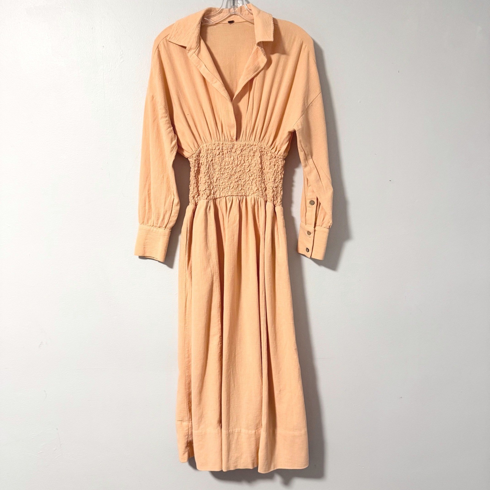 Free People Endless Summer Monika Peach Ruched Shirt Dress Smocked Waist XS Midi