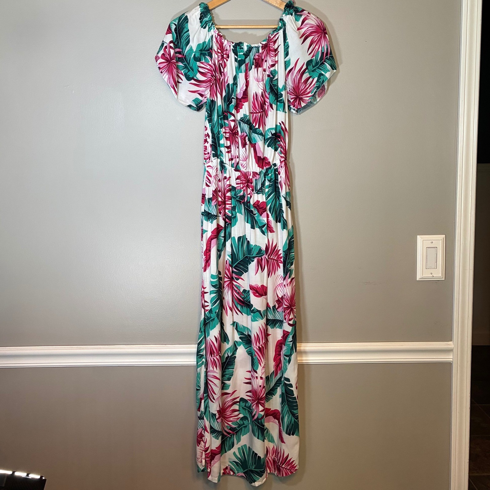 Seven Islands Tropical Palm Leaf Maxi Dress Pink Teal Green Off Shoulder Large