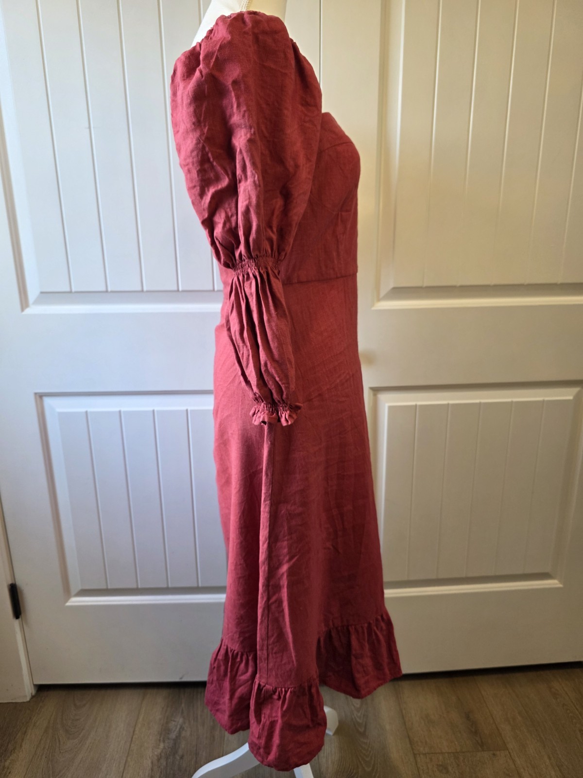 GAÂLA Paris Minsk 100% Linen Puff Sleeve Midi Dress Burgundy Size 36 EU Us 4