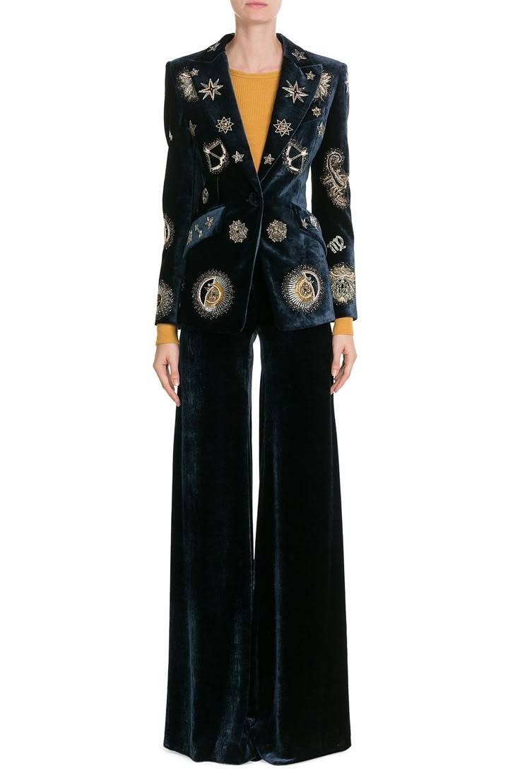 Black Velvet Embroidered Suit With Gold Detailing And Wide Leg Tailored Pants
