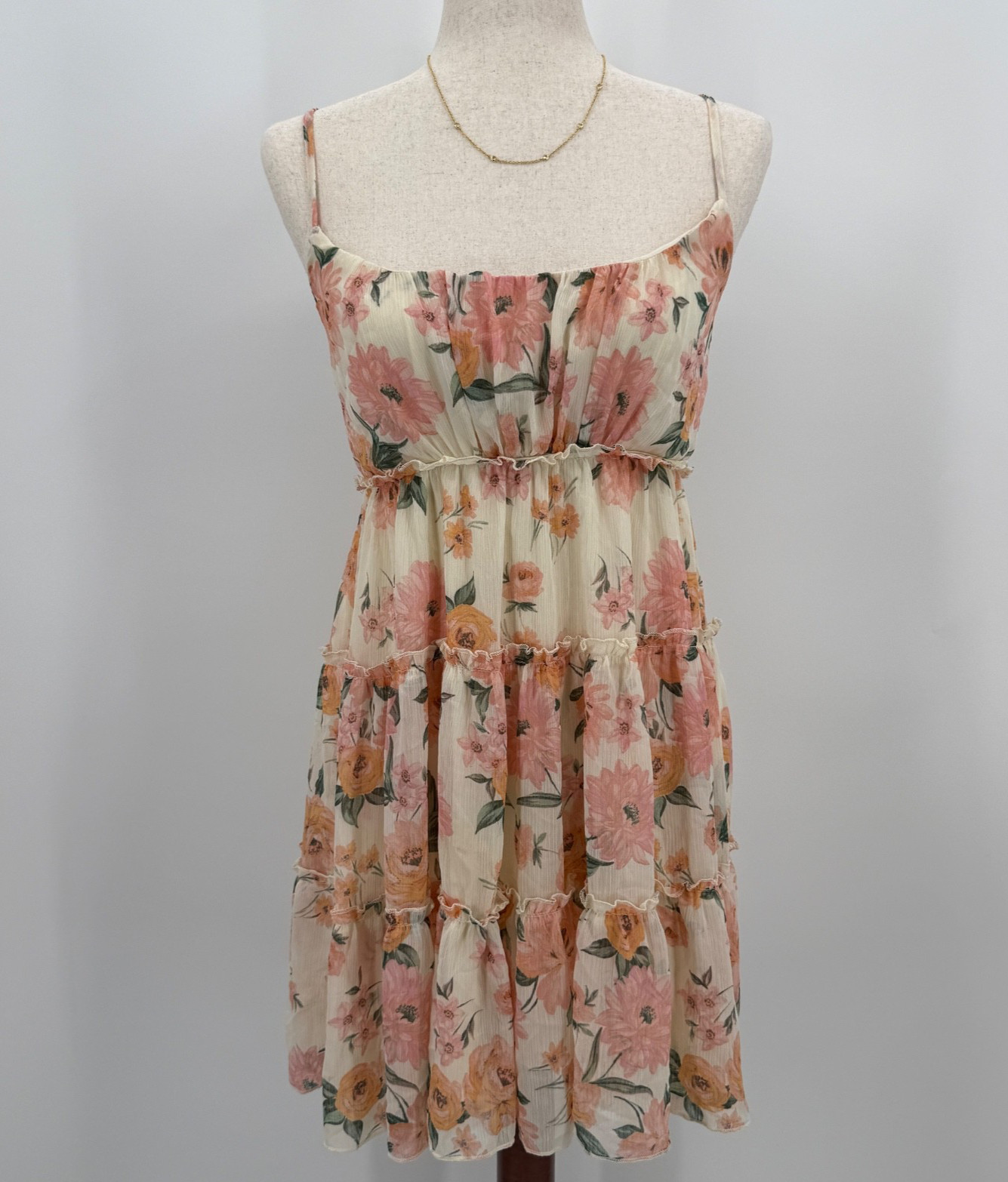 Pink Peach Floral Sleeveless Mini Dress Cottagecore Summer Ruffle Coquette M