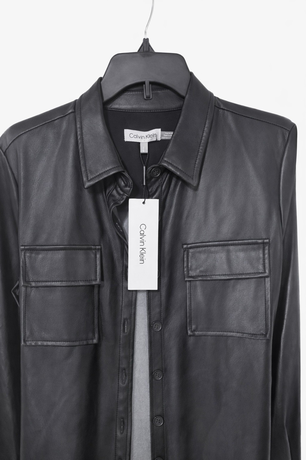 Calvin Klein Black Faux Leather Belted Button-Front Shirt Dress Women’s M Knee