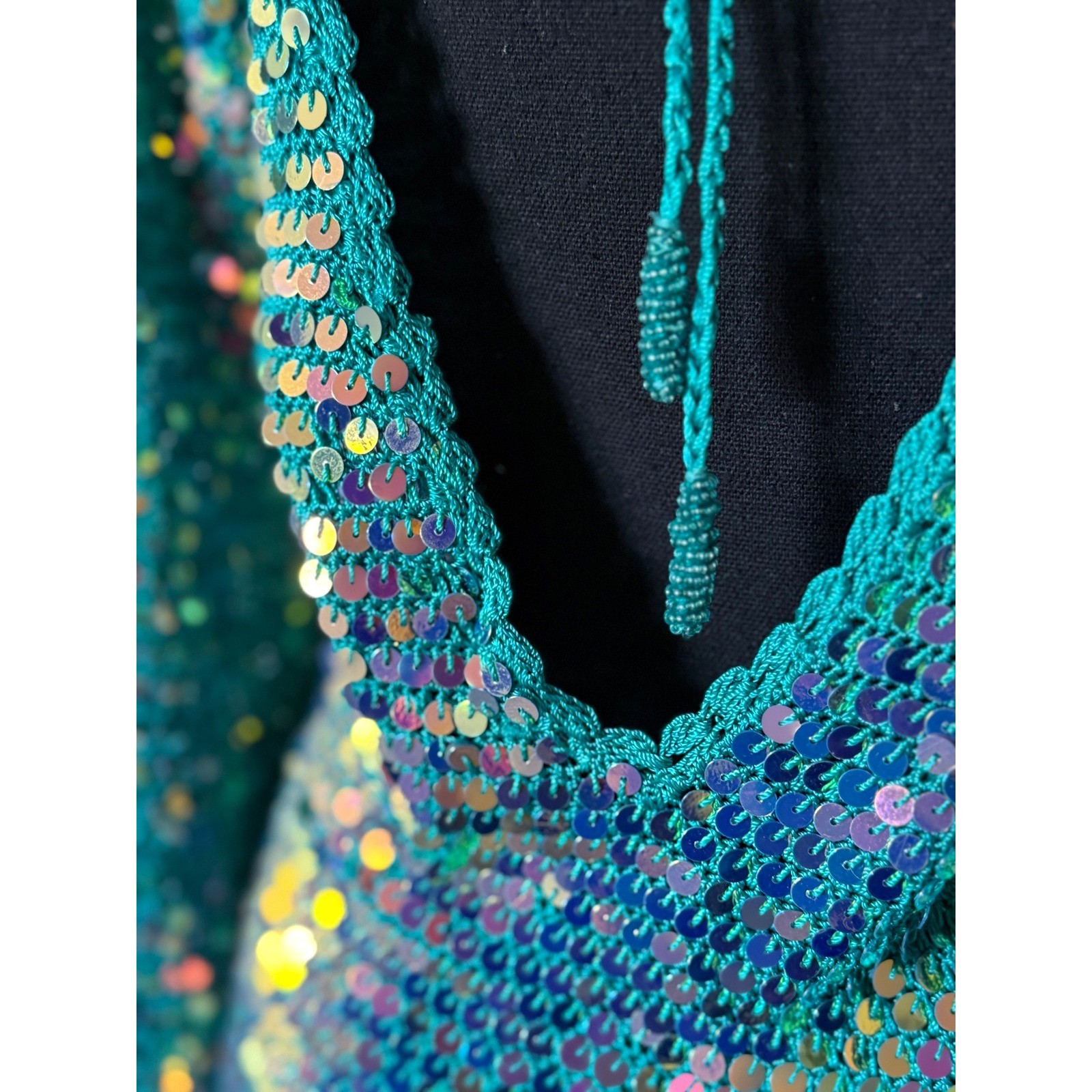 Retrofête Teal Sequin Crochet Mini Dress Open Back Iridescent Green M/L