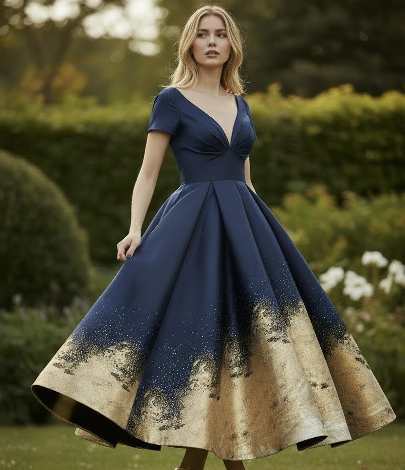 NWT Park 108 Womens Navy Blue Gold & White Pleated Deep V-Neck Elegant Gown – 14
