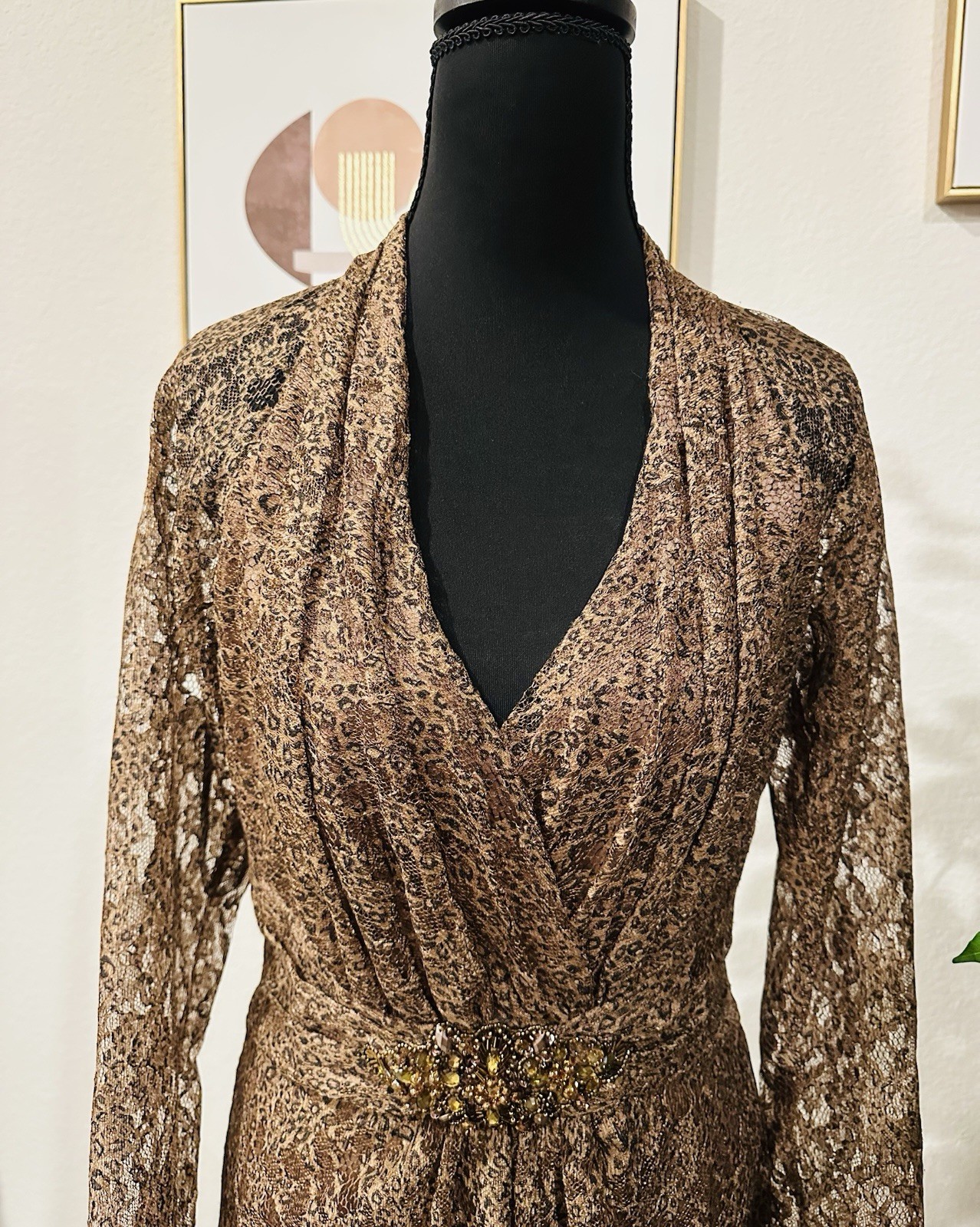 David Meister Leopard Print Lace Lined Evening Midi Dress With Jeweled Belt Sz 6