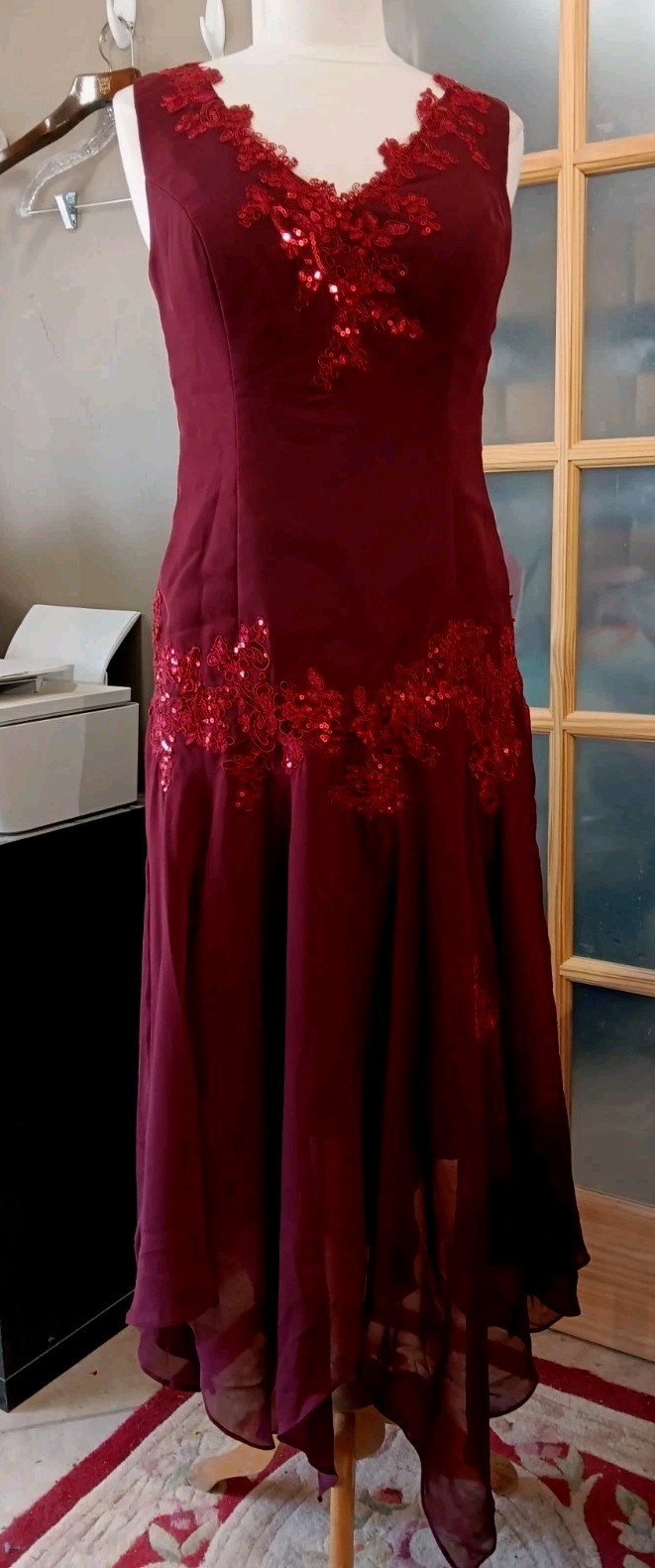 Party Dress Chiffon Sequined Lace Jacket Drop Waist Lined Sz 10 Handkerchief Hem