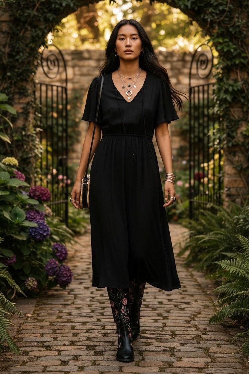 Sweet Wanderer L Black Midi Dress Peasant Dark Cottagecore Fairycore Witchy