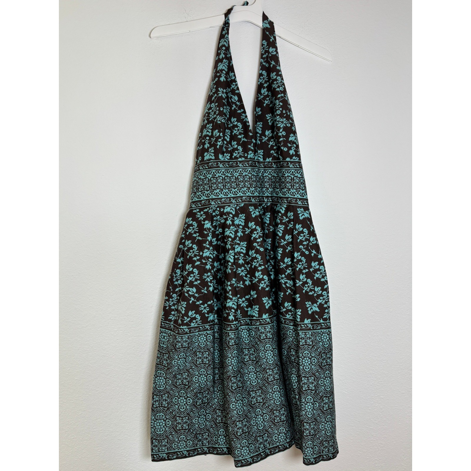 Vintage Style Halter Neck Dress Brown Turquoise Floral Damask Rockabilly Pockets