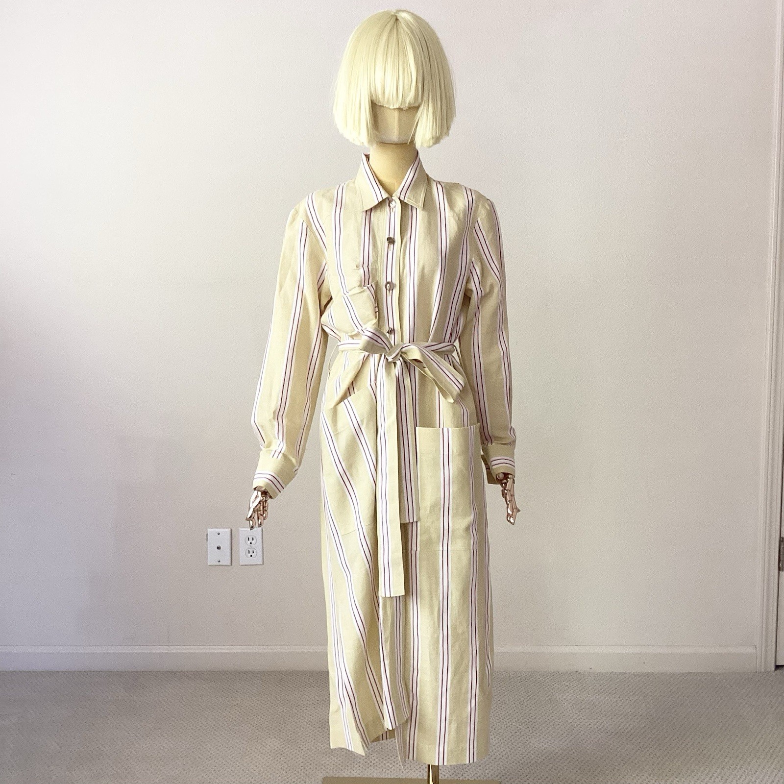 Rejina Pyo Madison Striped Yellow Asymmetric Button-Front Midi Shirt Dress XS