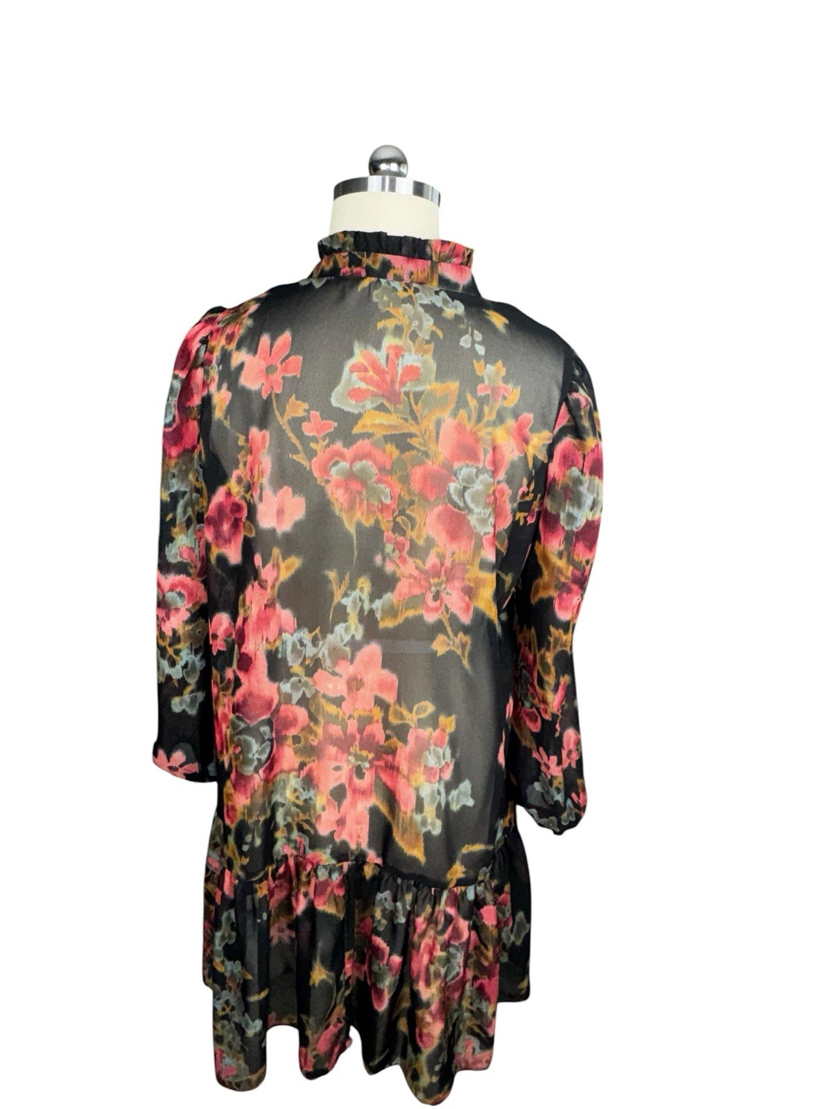 Maia Womens Size 14 Sheer Floral Chiffon Shirt Dress Button Front Ruffle Hem