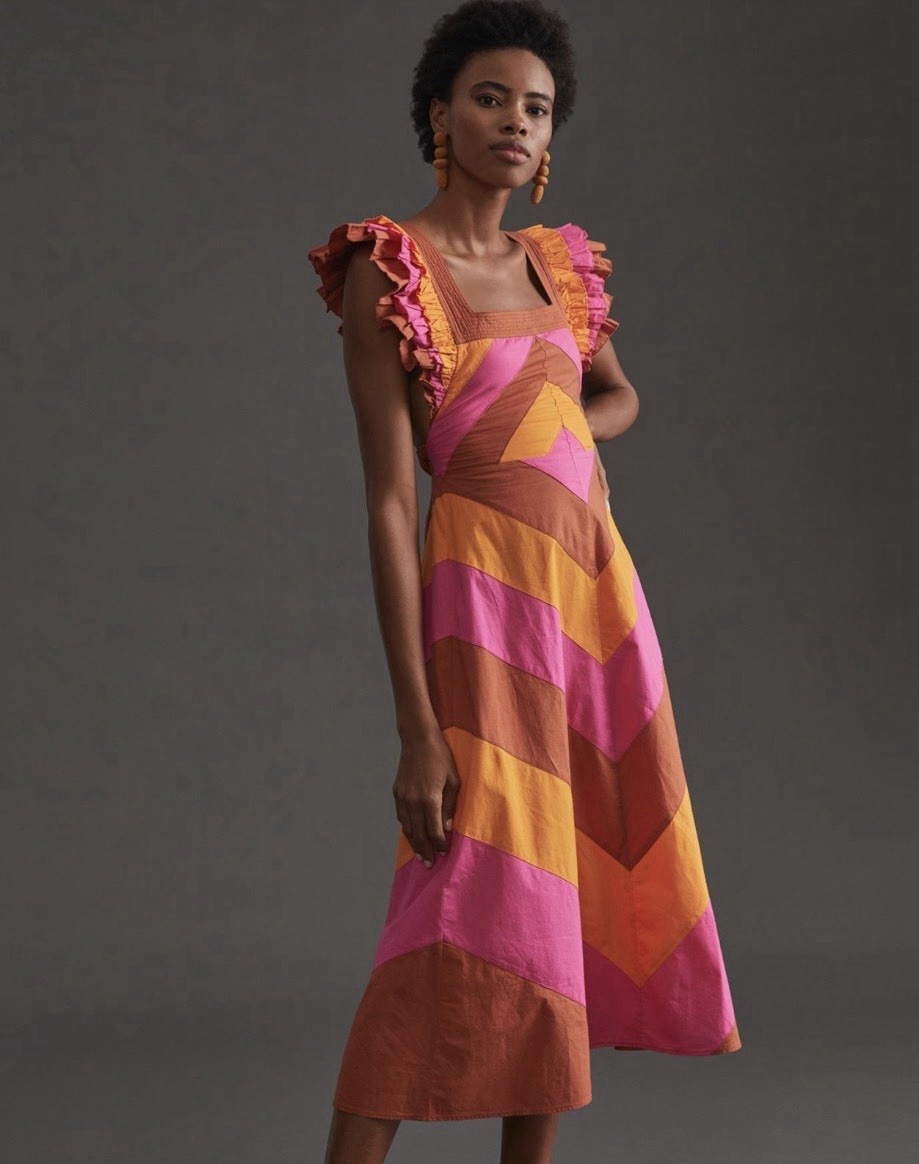 Anthropologie Love The Label Midi Dress Pink Ruffled Colorblock Preppy Small