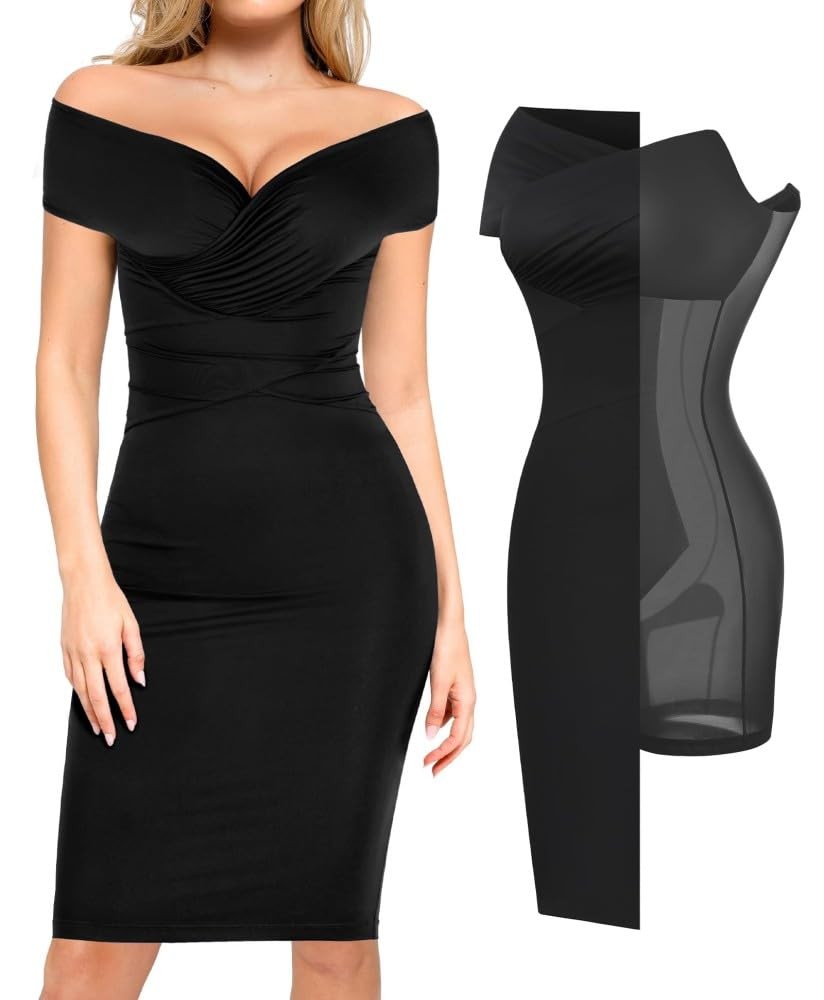 Popilush Cocktail Dress Midi Small-Medium Black Off Shoulder Bodycon Gown