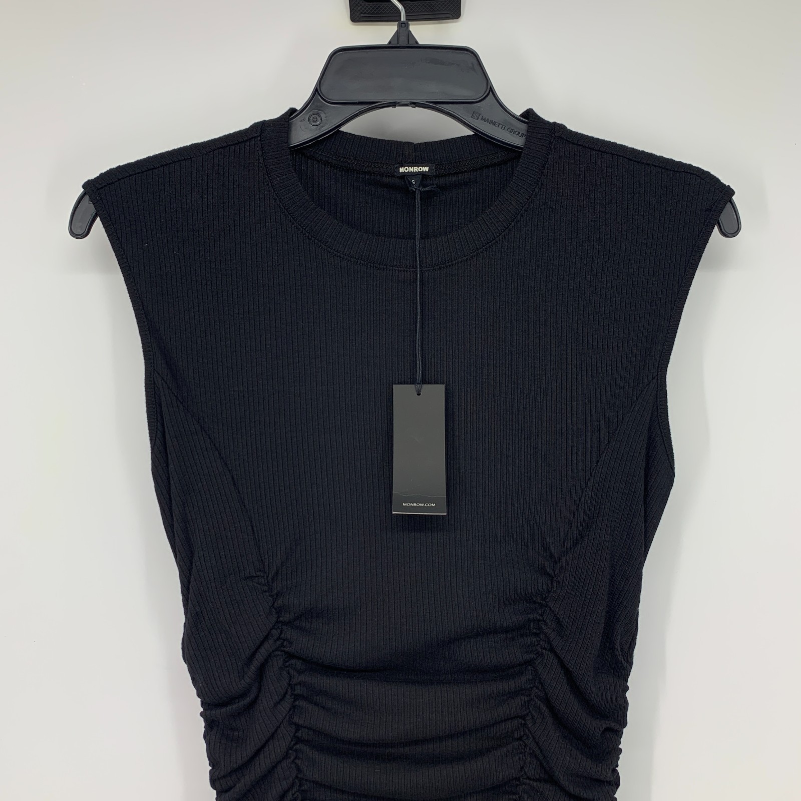 Monrow Dress Womens Small Black Sleeveless Ruched Shirred Mini Modal Rib Knit
