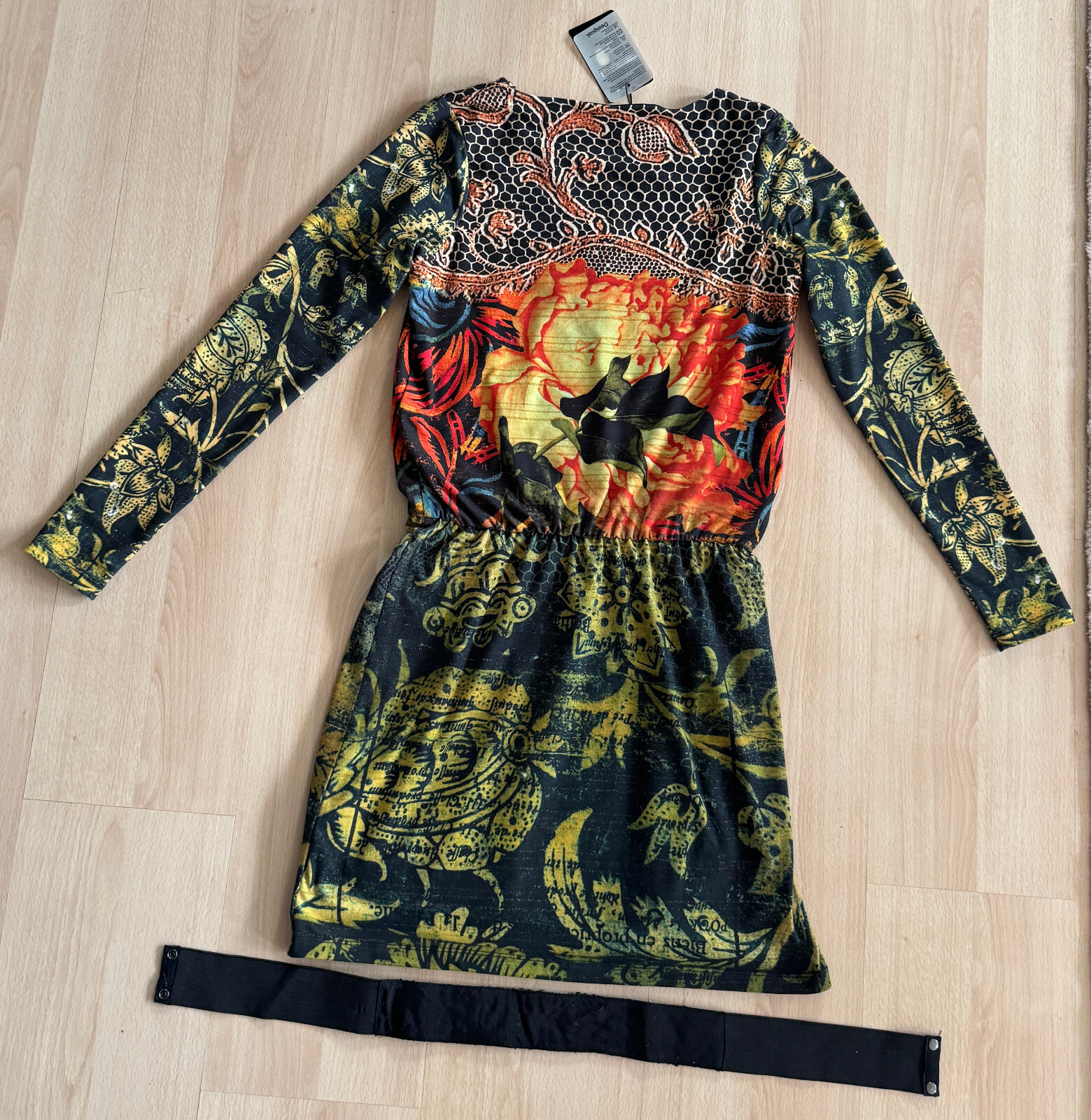 DESIGUAL by CHRISTIAN LACROIX Embroidered Floral Print Dress Beaded Belt Size S