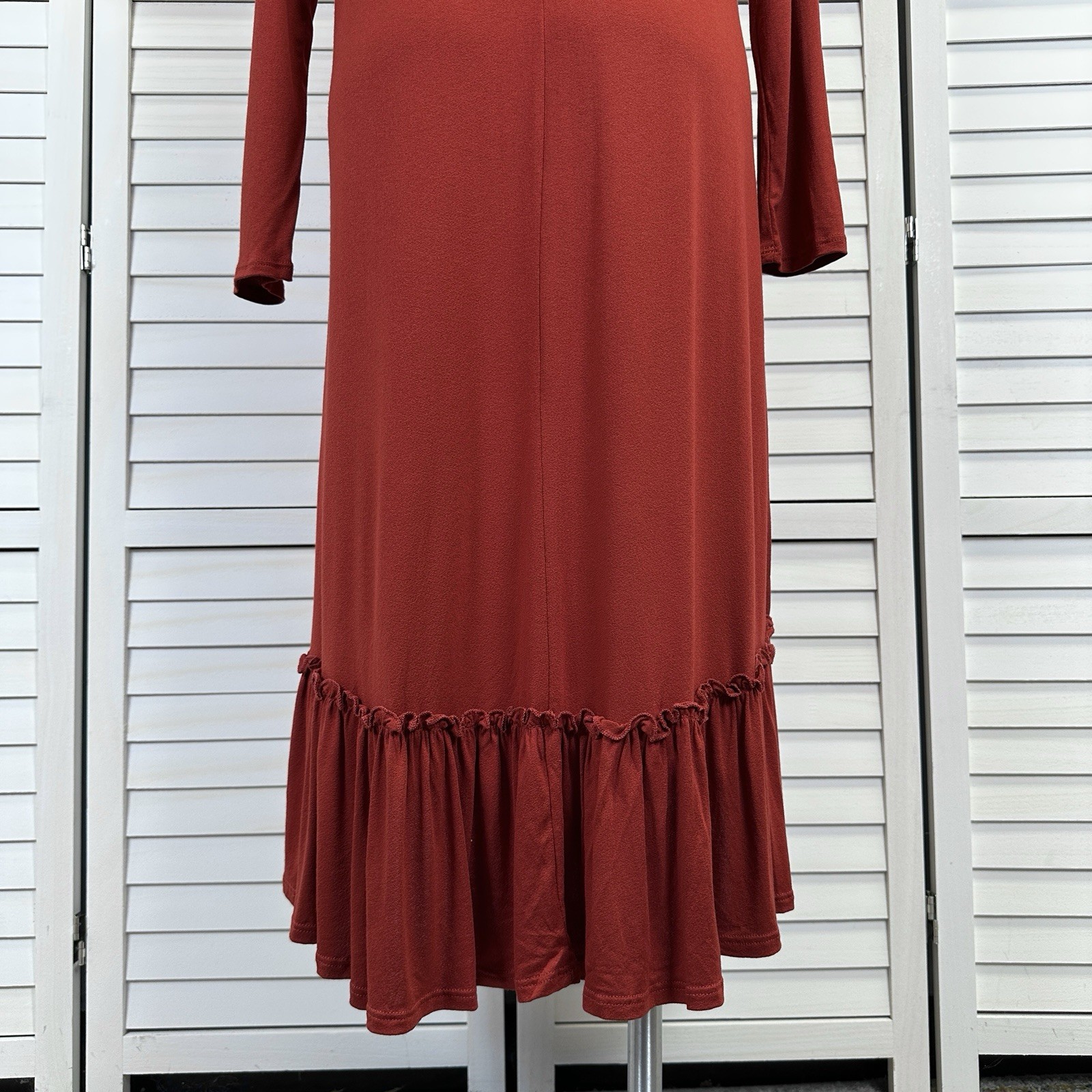 New Stevie Hender Brick Red Tiered Maxi Dress Long Sleeve Stretch Knit Size L
