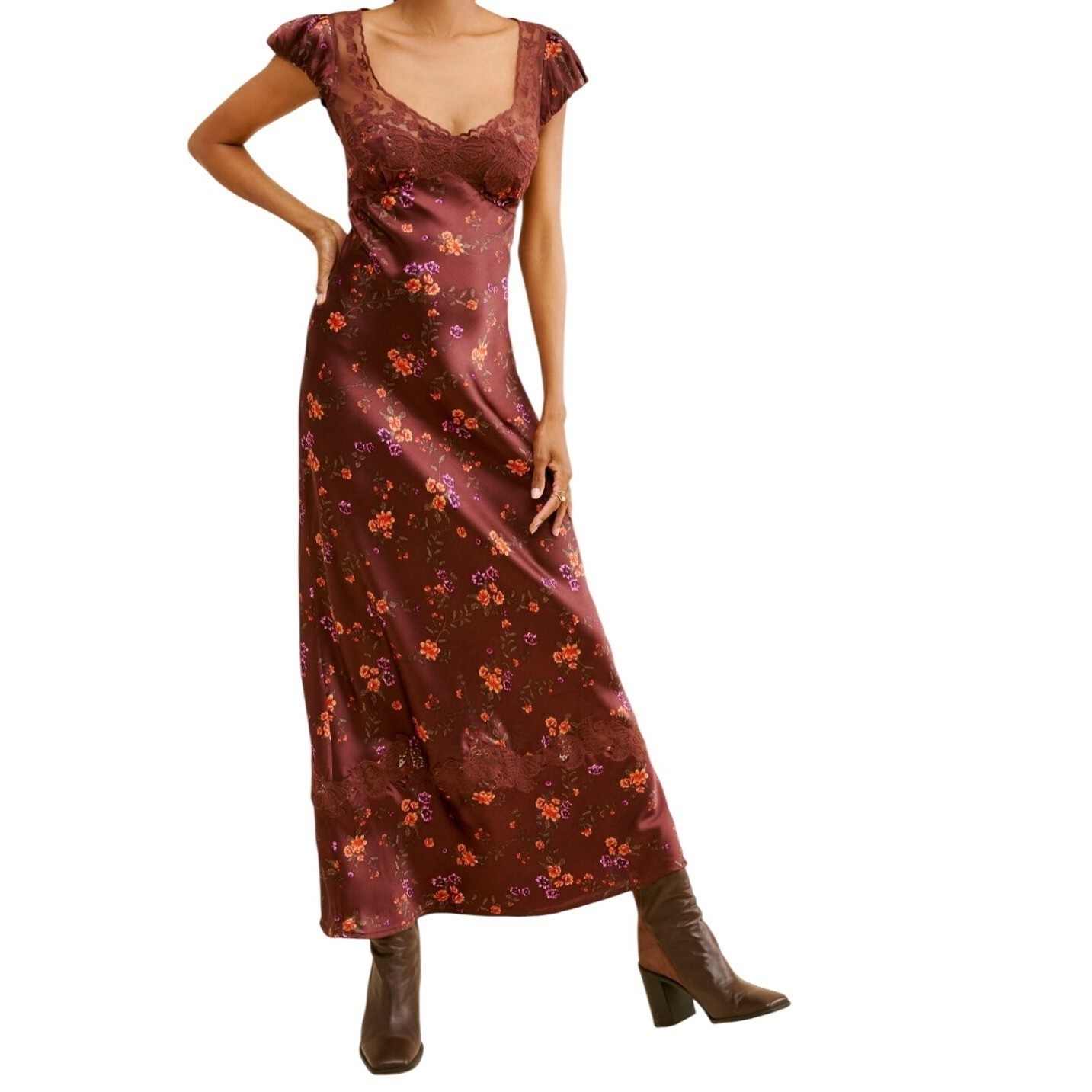 Free People Morning Dove Floral Lace Trim Satin Maxi Dress Brown Womens Medium M
