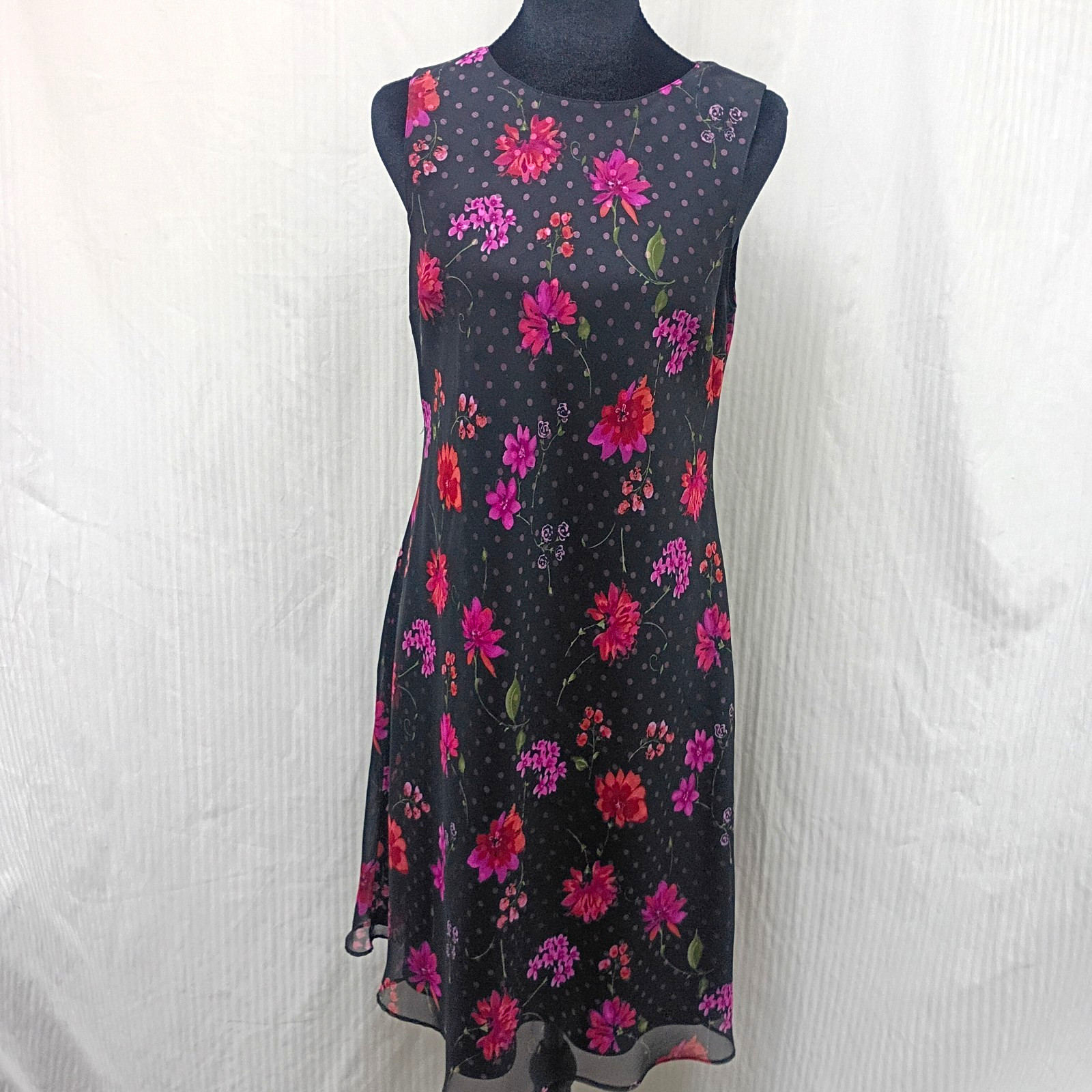 Amanda Smith Petites Womens 8P Black Floral Chiffon Round Neck Midi Dress
