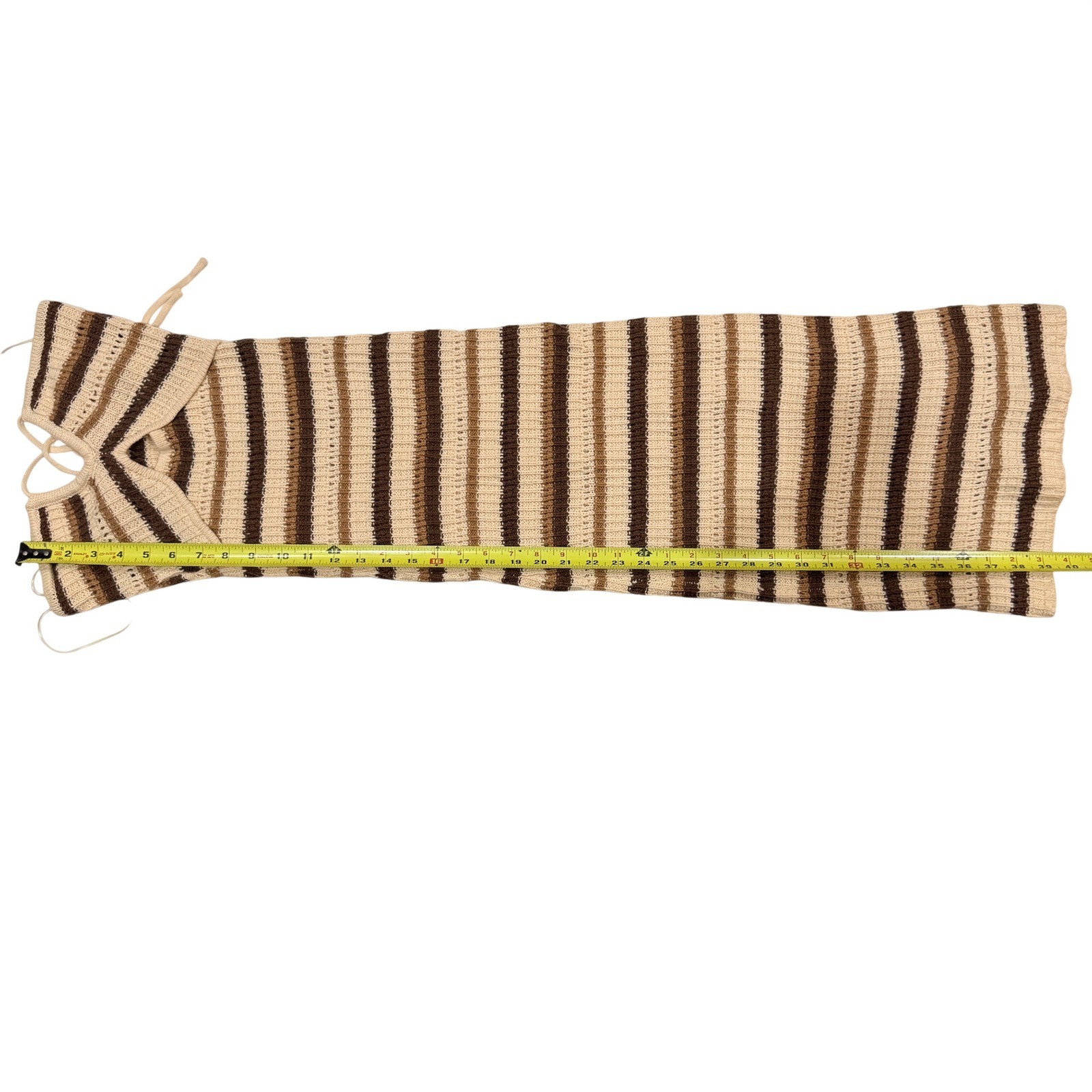 Et Clet Striped Crochet Knit Halter Neck Midi Dress Brown Beige Beach Coastal S