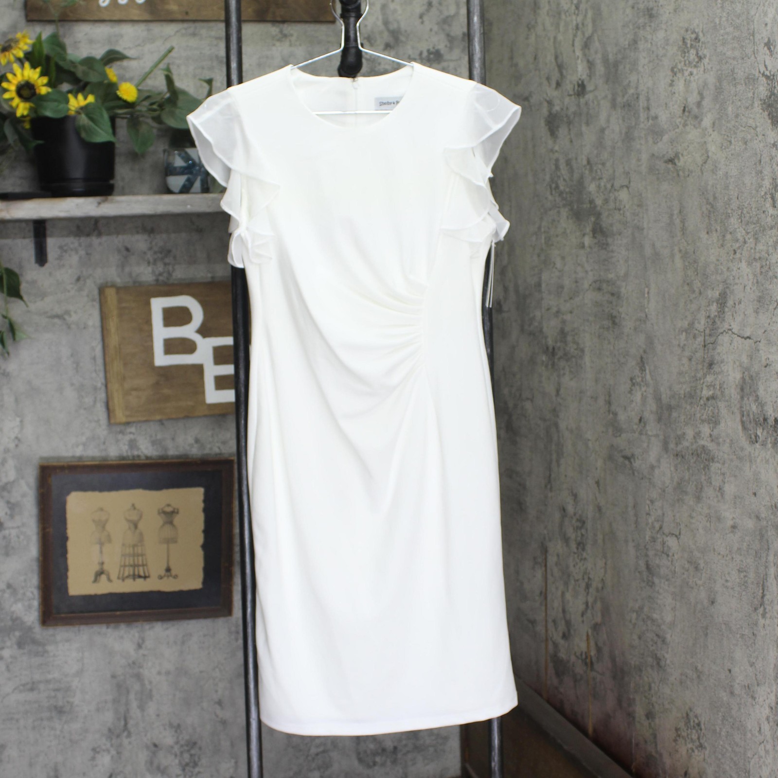 shelby & Palmer Womens Chiffon Sleeve Knit Ruched Front Dress White 6