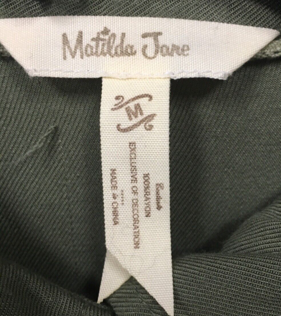 Matilda Jane Dress Button Women Medium Green Tree Canopy Roll Tab Slv Hi Lo Hem
