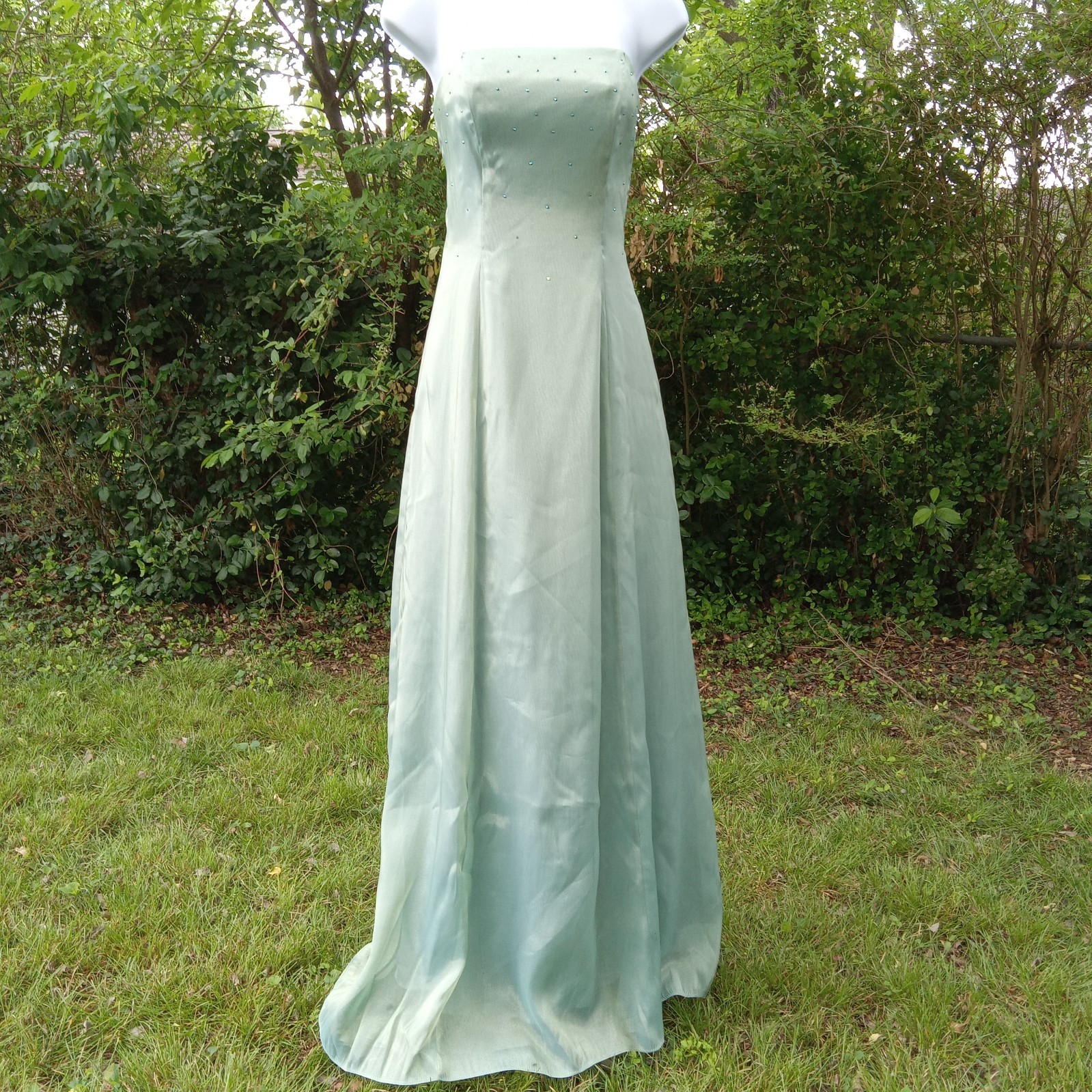 L.A. Glo Blue Green Rhinstone Maxi Dress Strapless Size 7/8 1980s *Small Stain