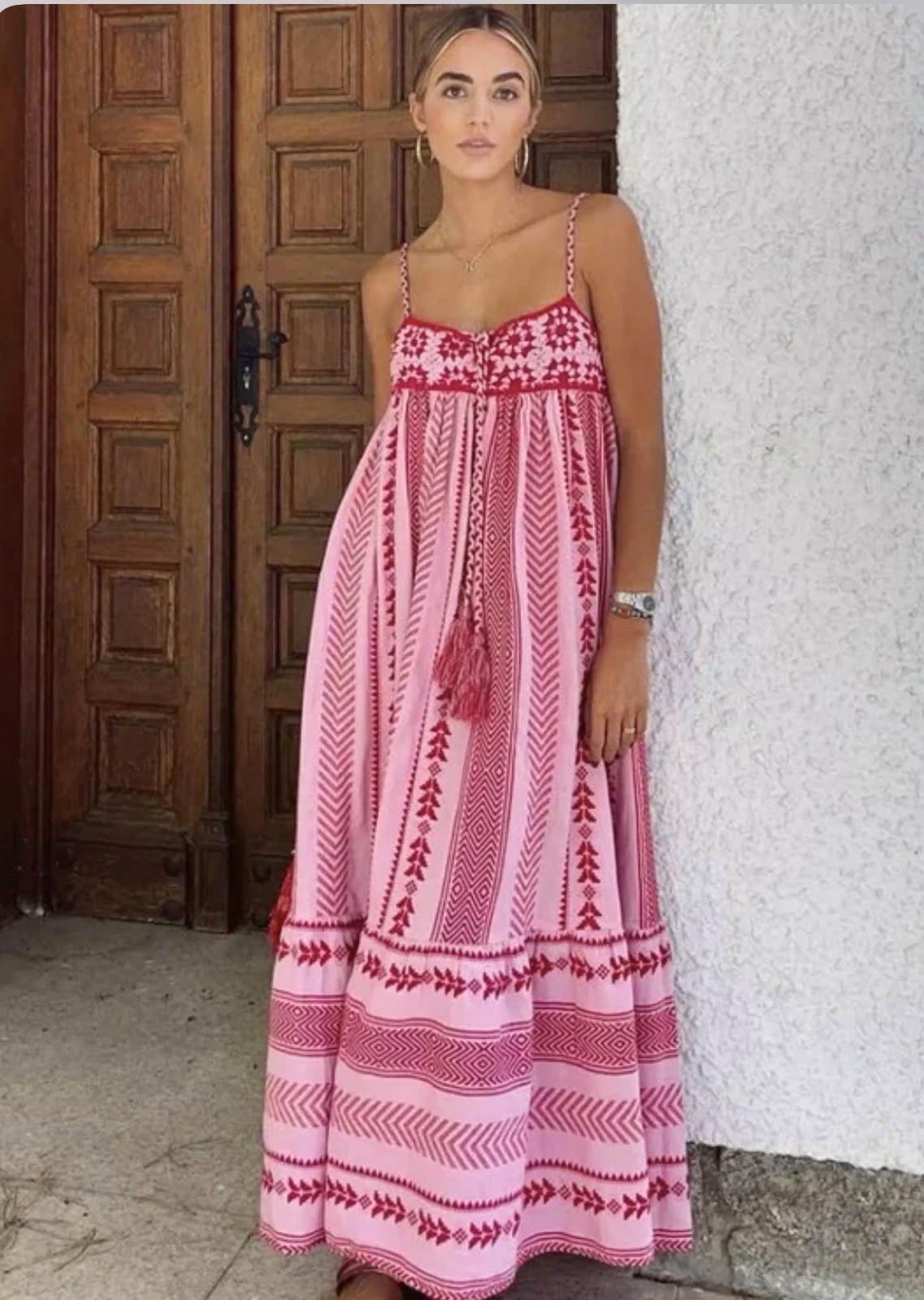 Women Sz L Boho Maxi Dress Crochet Patchwork Sleeveless Long Flowy Swing Dress