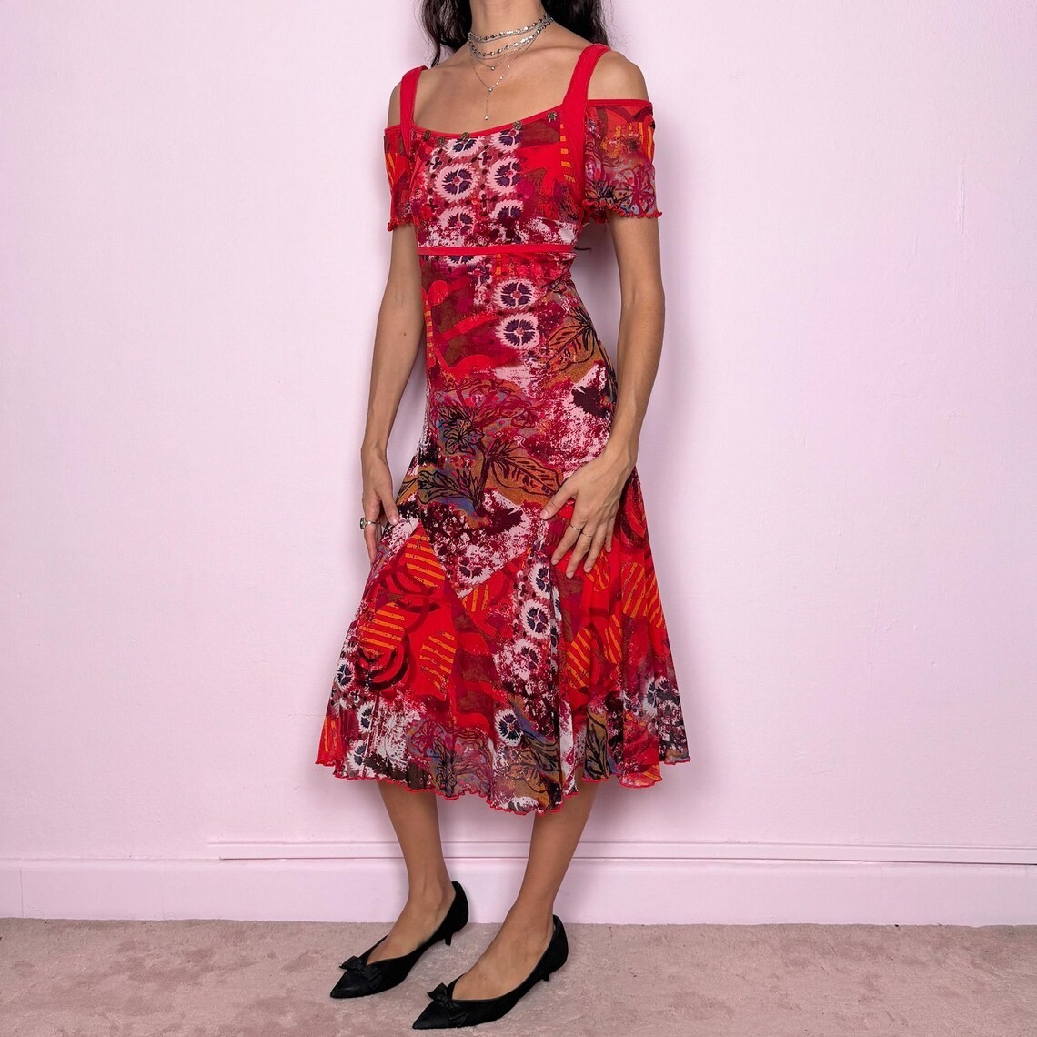 Vintage Red Midi Dress Graphic Mesh Sheer Maximalist Deconstructed Y2K Size L