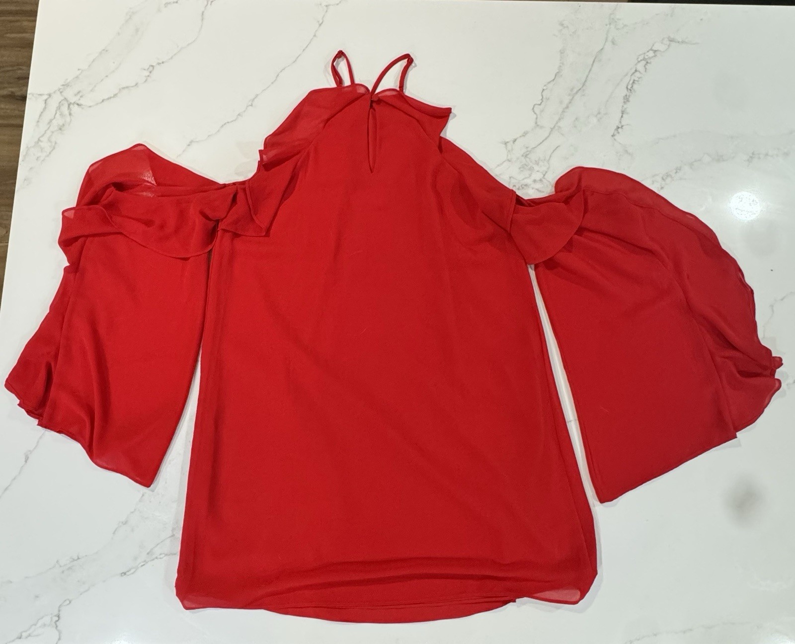 Naked Zebra Red Ruffle Cold-Shoulder Dress