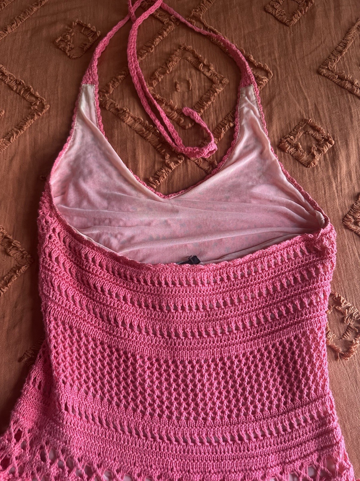Rare Moda International Size Medium Pink Crochet Tiered Halter Mini Dress