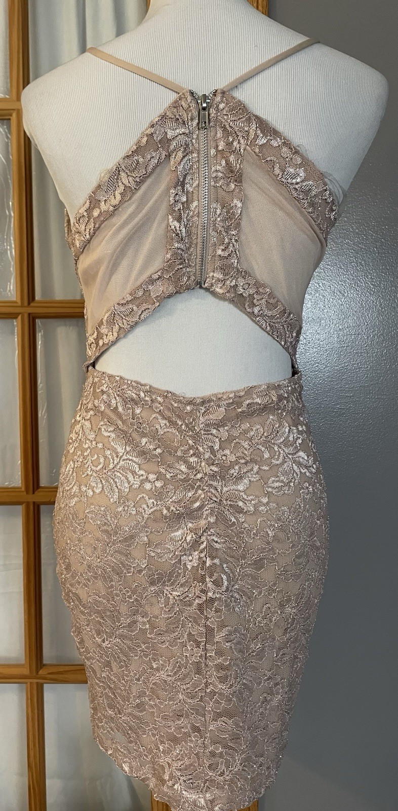 Emerald Sundae Floral Lace Cocktail Dress Sz L Mini Peach Cut Out Formal Club