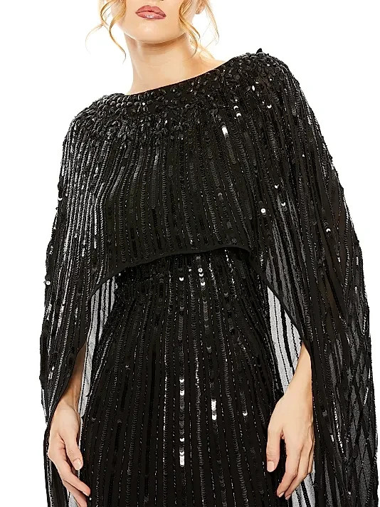 Mac Duggal Black Embellished Sequin Beaded Column Cape Gown Size 16 $798