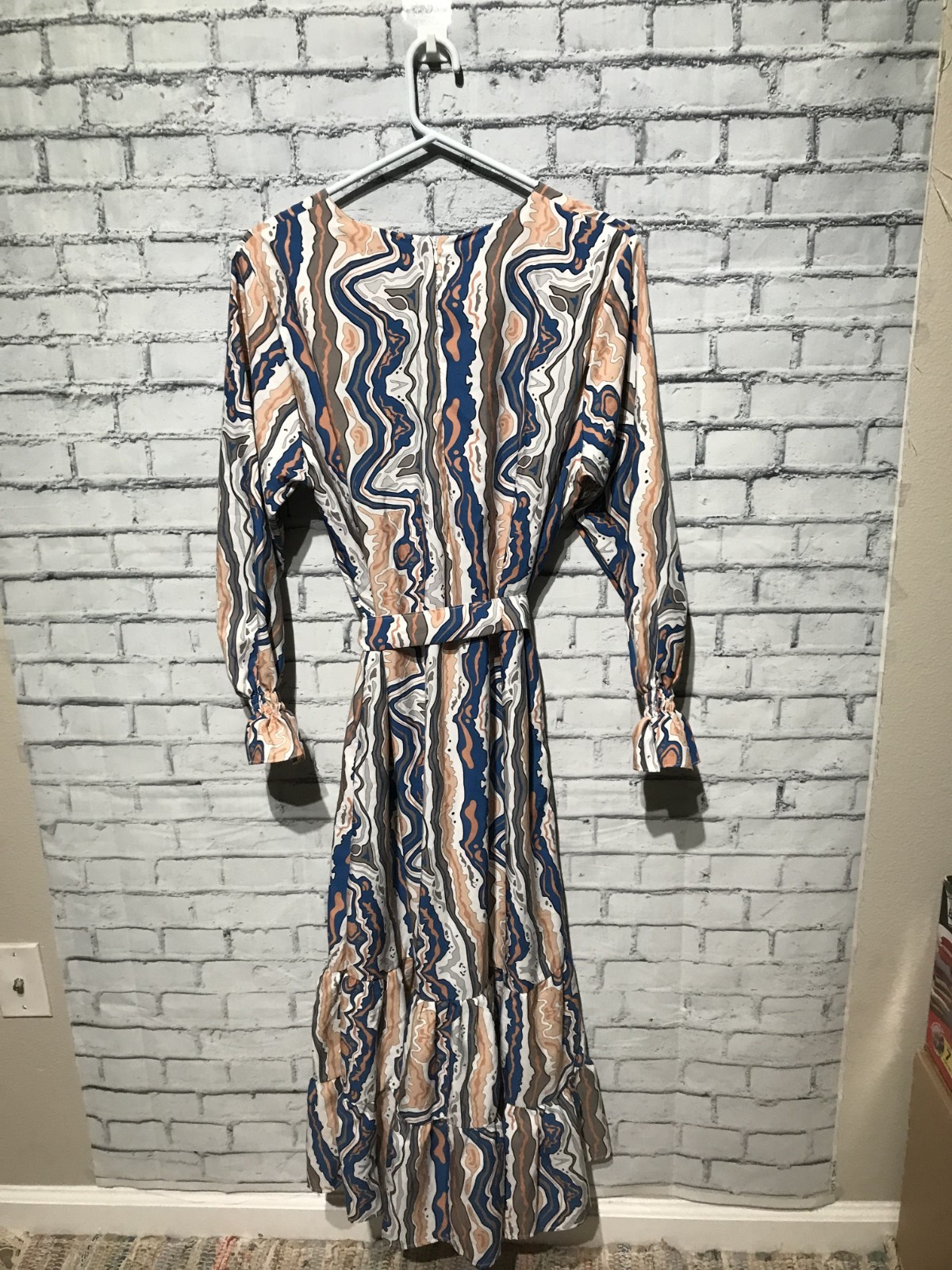 Petty Dress, L, Long Sleeve Thin Stain Abstract Print Zip/Belted/Pocket Dress