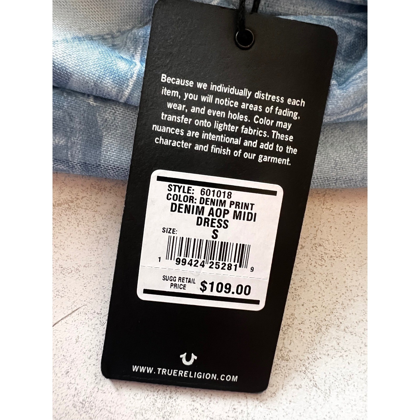 True Religion Denim Print Mesh Lined Midi Dress Blue AOP Bodycon S NEW 90s Y2K