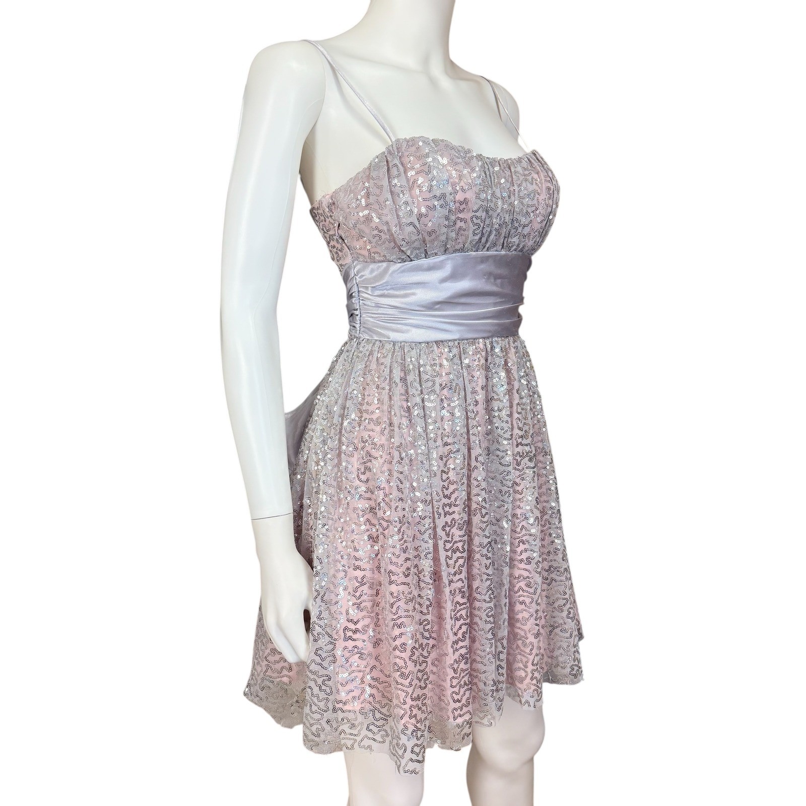 Deb Blush Pink Sequin Fit Flare Dress Junior 3/4 Fairy Balletcore Y2K Prom Party