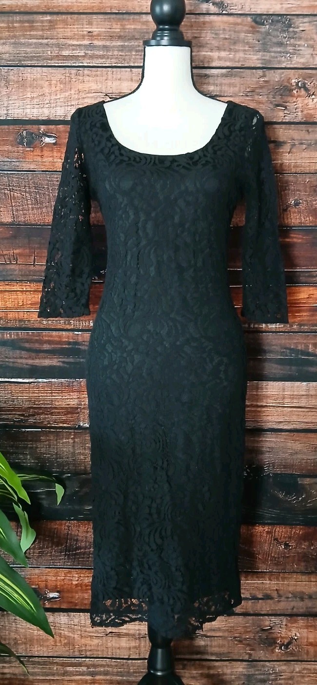 Eva Mendes NY & Co Dress Size 4 Black Lace Sheer 3/4 Sleeves Stretch Lined Zip