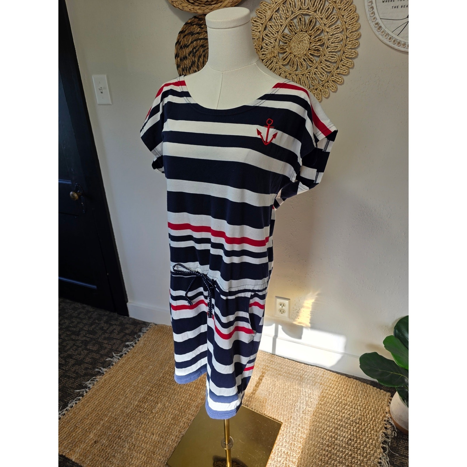 Beach by Exist Nautical Striped Red White Blue y2k Pockets Dress Womens XL