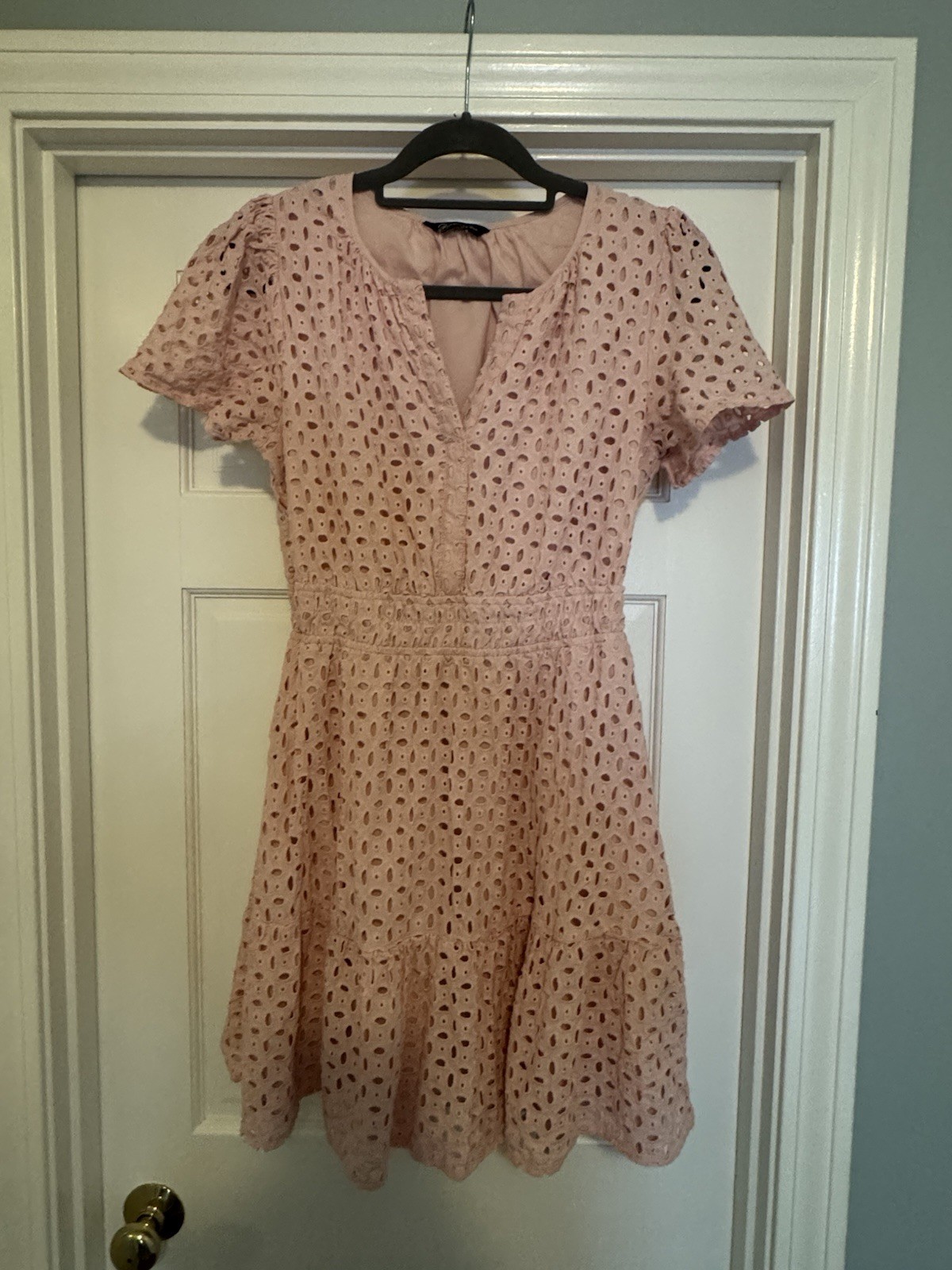 PrettyGarden Pink Eyelet Embroidered V-Neck Fit & Flare Lined Dress M