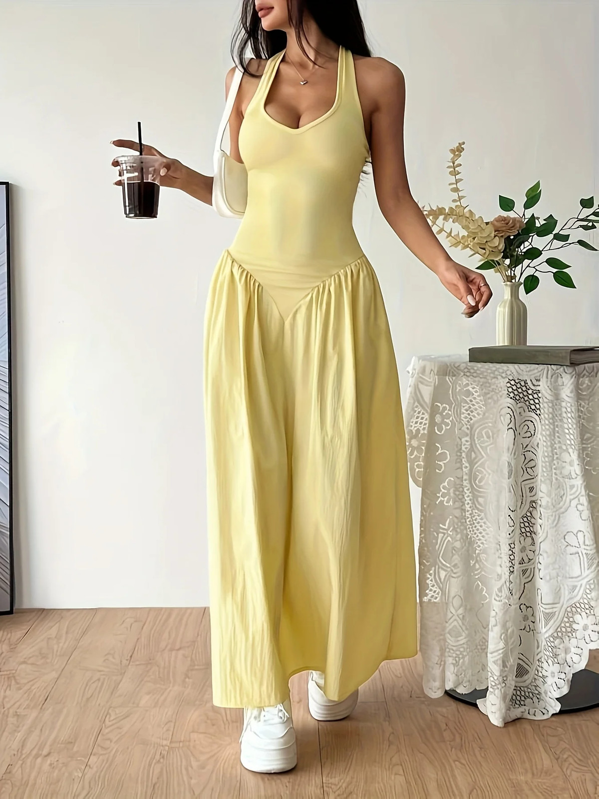 Womens Halter Maxi Dress Sleeveless V Neck Backless Boho Summer Sun Dress