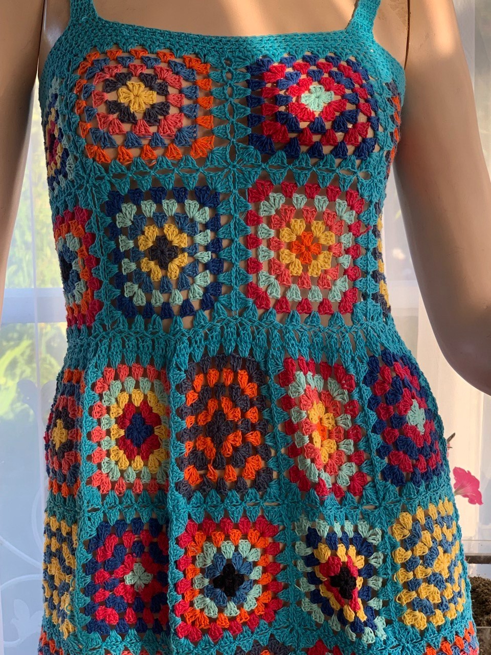 Handmade Granny Square Crochet Mini Dress Boho Festival Beach Cover Up