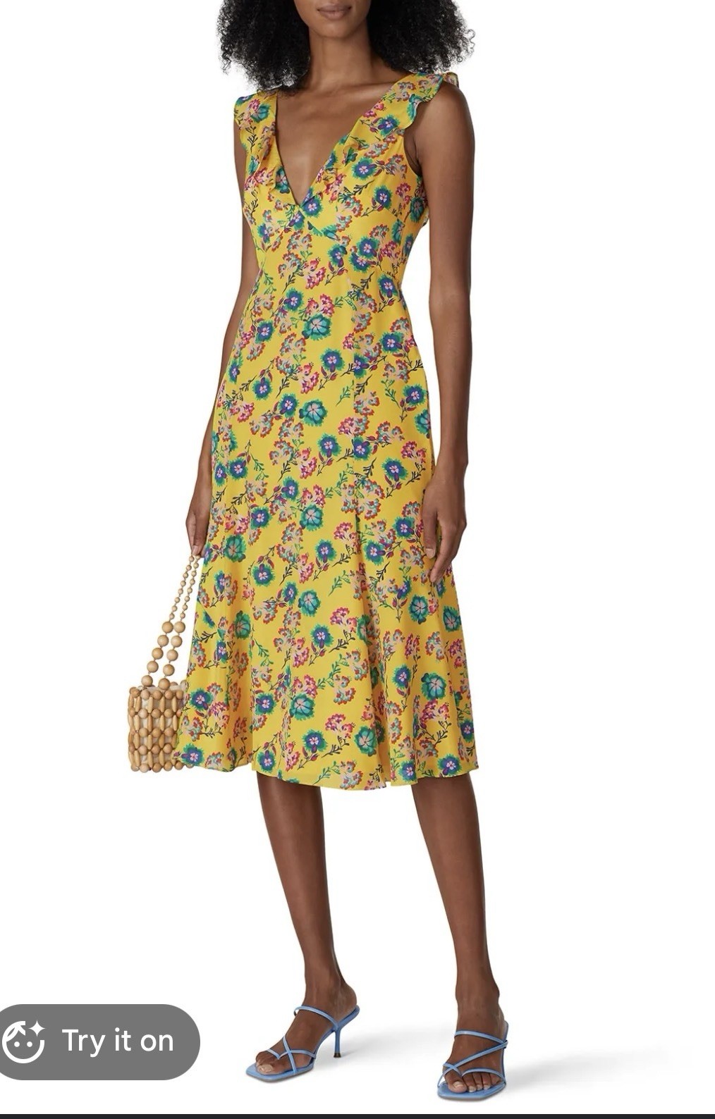 NWT SALONI Holly Midi Dress 2 Yellow 100% Silk Floral Ruffle V Neck $598