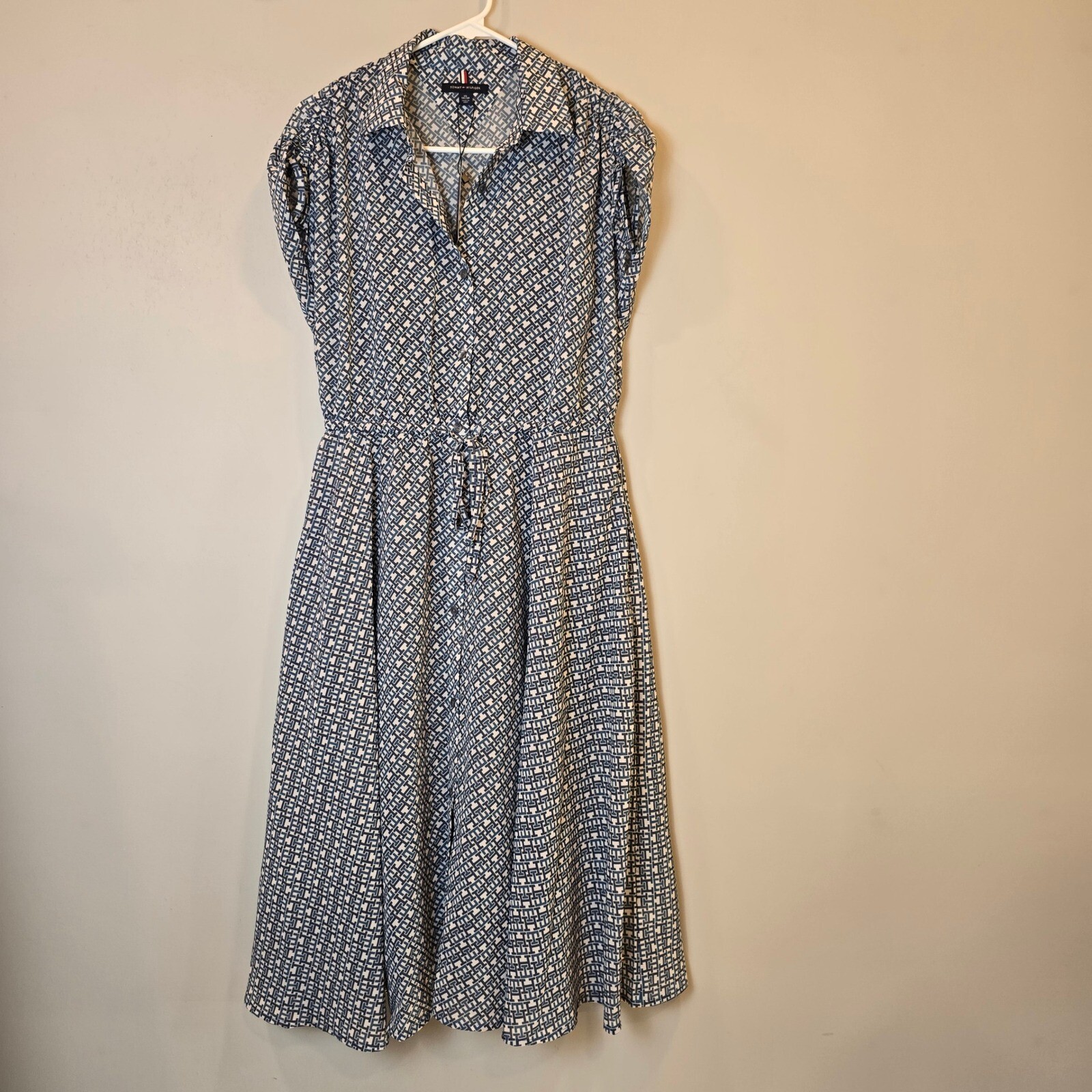 Tommy Hilfiger Dress Monogram Chiffon Midi NWT Womens XS Short Sleeve Blue