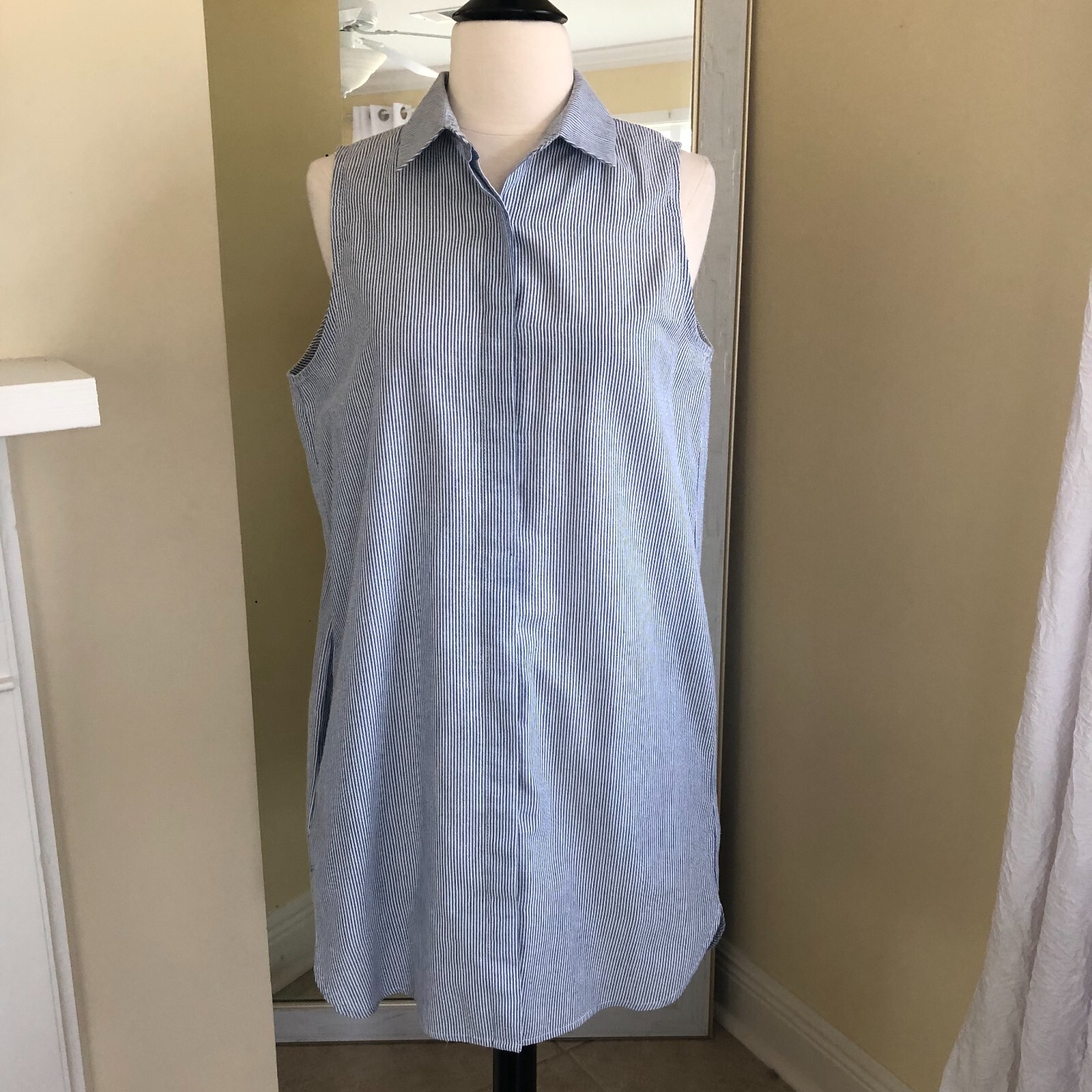 Lumiere Blue & White Shirt Dress Small Seersucker Sleeveless Full Button Front