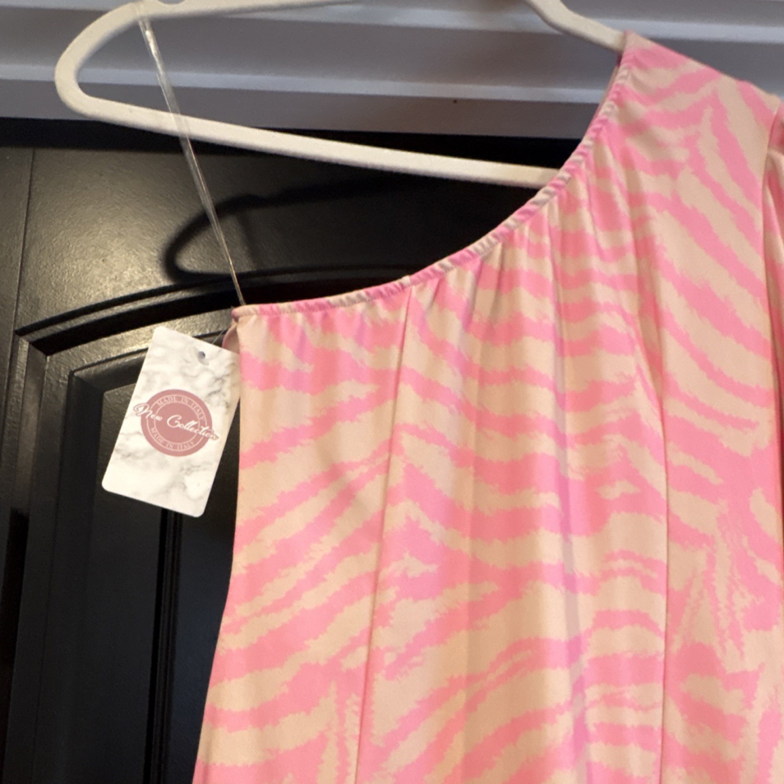 Cello One Shoulder Ruched Ruffle Zebra Print Mini Dress Pink Beige M
