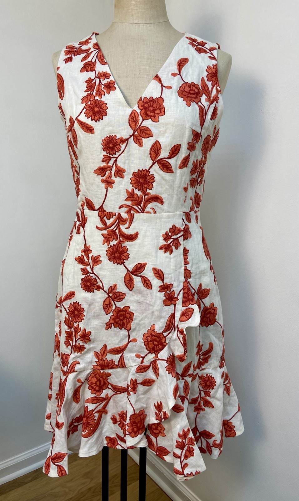 Rebecca Taylor White Red Floral Embroidered Sleeveless V-Neck Dress Size 6