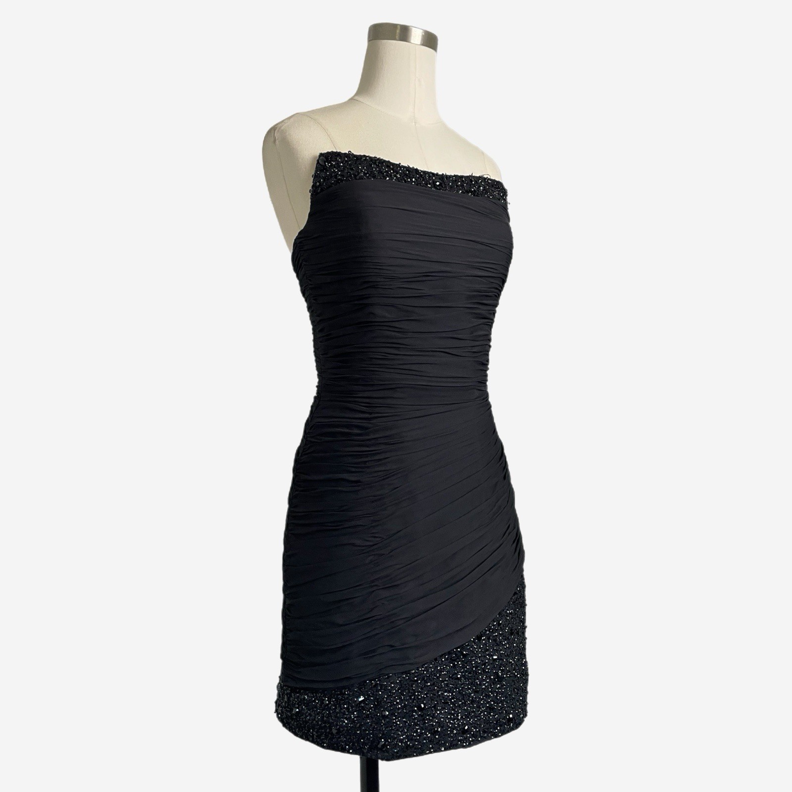Basix II Black ruched pleated silk sequin beaded strapless mini dress formal S