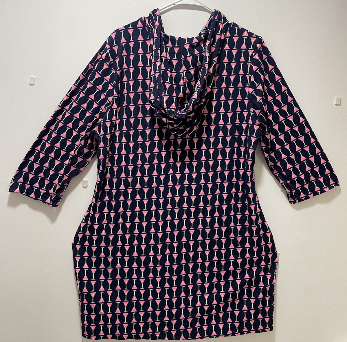 Beachtime Navy Pink Geometric Shift Dress Hood Button Collared Pockets XL