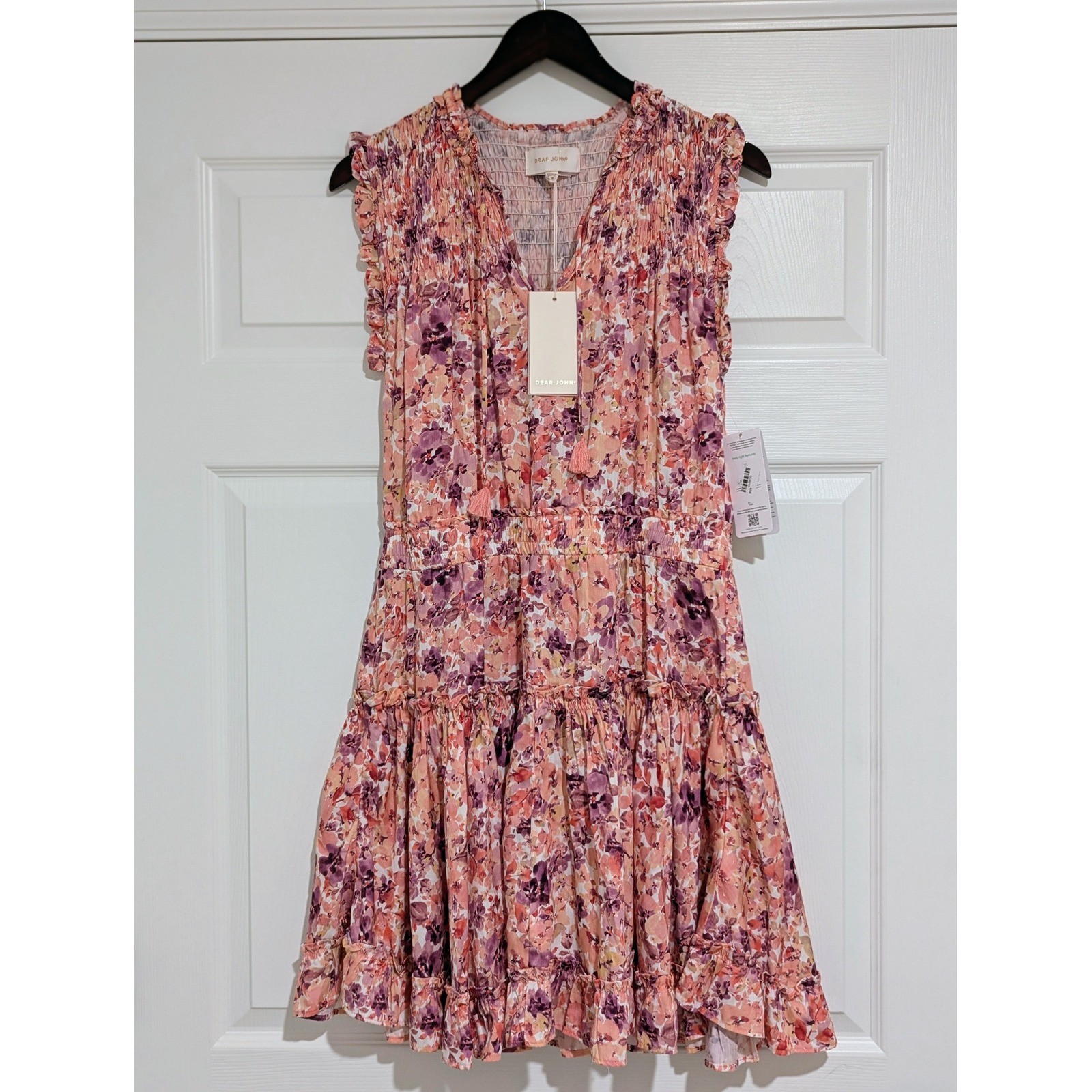 Dear John Floral Tencel Smocked Tiered Mini Dress Pink Purple Floral NWT Size M
