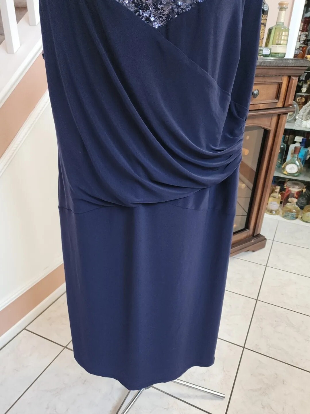 NWT RALPH LAUREN Blue Sequin Round Neck Side Gathered Sleeveless Dress 22W $165