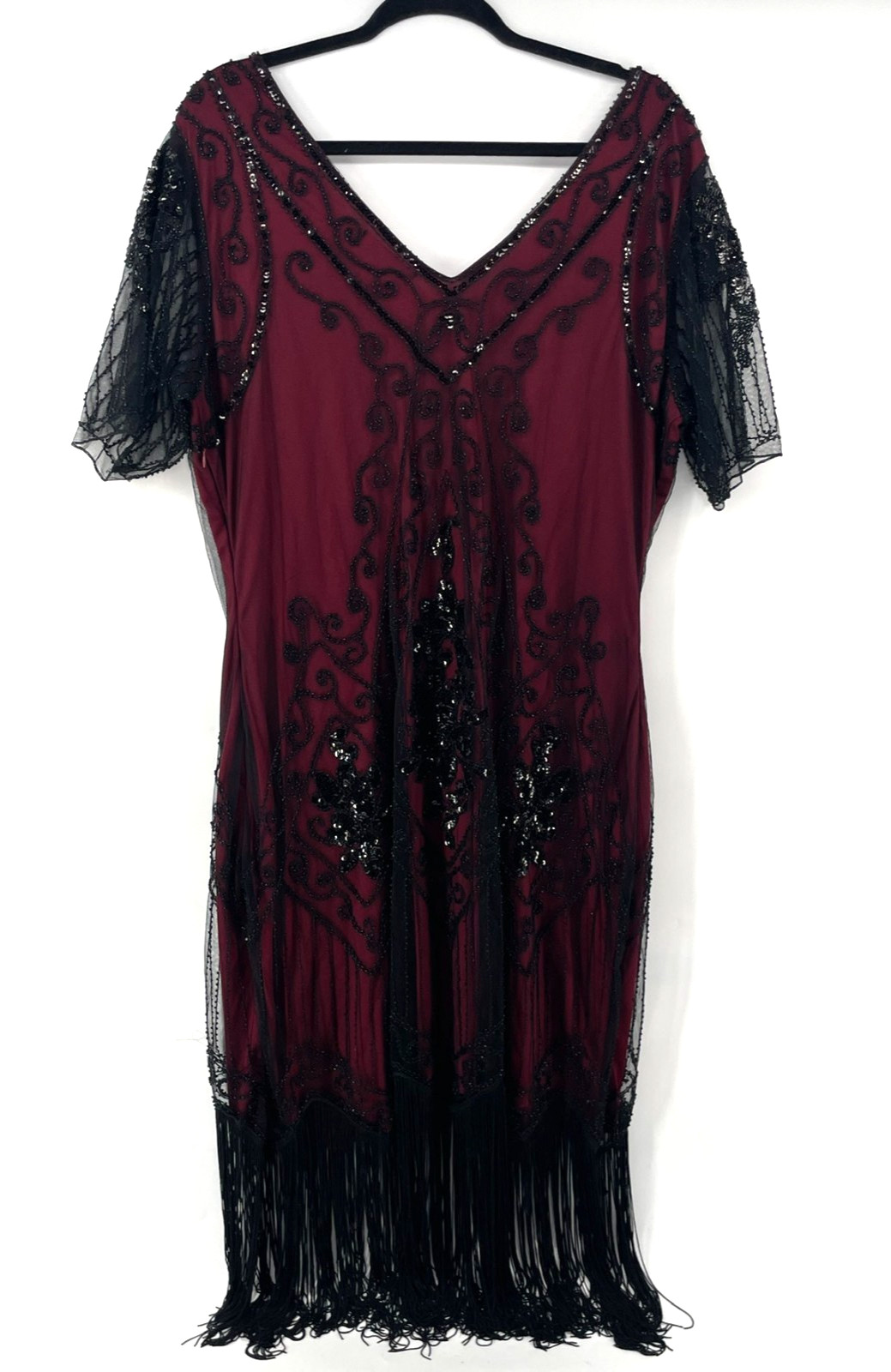 Women Flapper Fringed Beaded Burgundy Dress Plus 3X Costume Gatsby Roaring 20’s