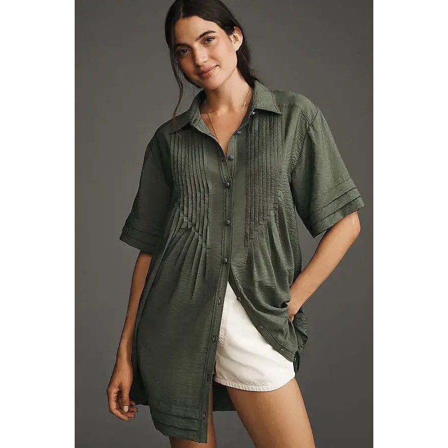 Pilcro Anthropologie Pintuck Pleated Button Down Tunic Shirt Dress Green Medium